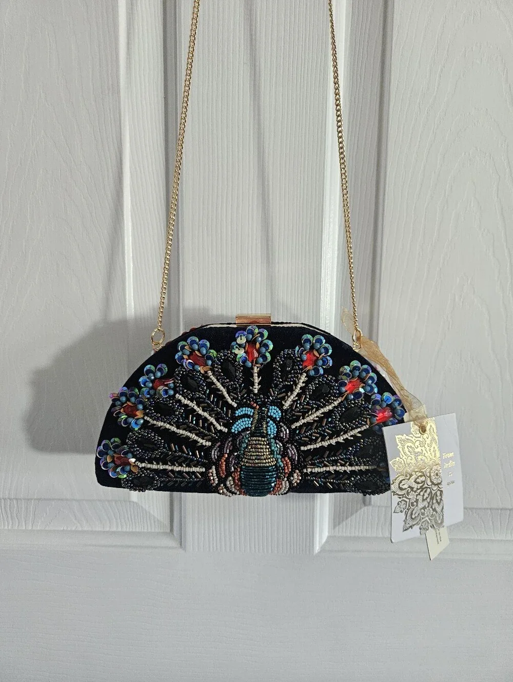 NWT Made In India Beaded Embellished Peacock Hard Case Clutch/Crossbody Bag